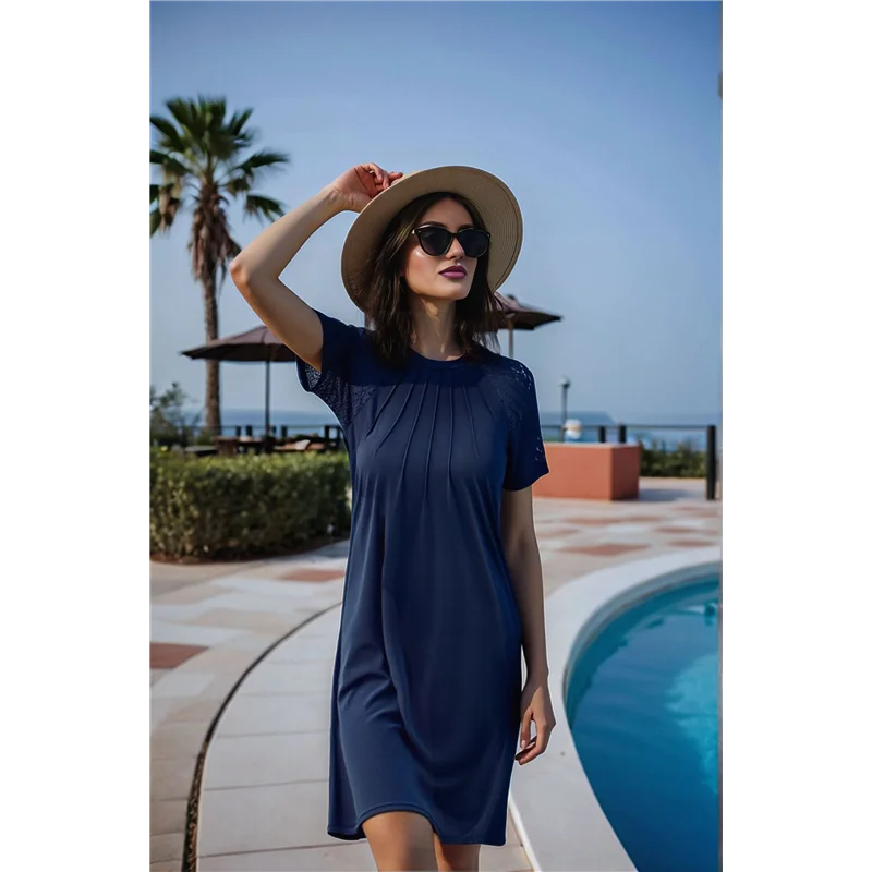 A83F-Women's Summer Short Lace Sleeve T Shirt Dress Casual Crew Neck Pleated Front Shift Dresses