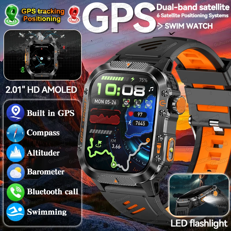 

2025 Новые военные GPS-позиции Смарт-часы для мужчин 2,01-дюймовые умные часы Компас Фонарик Водонепроницаемые умные часы для плавания с Bluetooth-вызовом