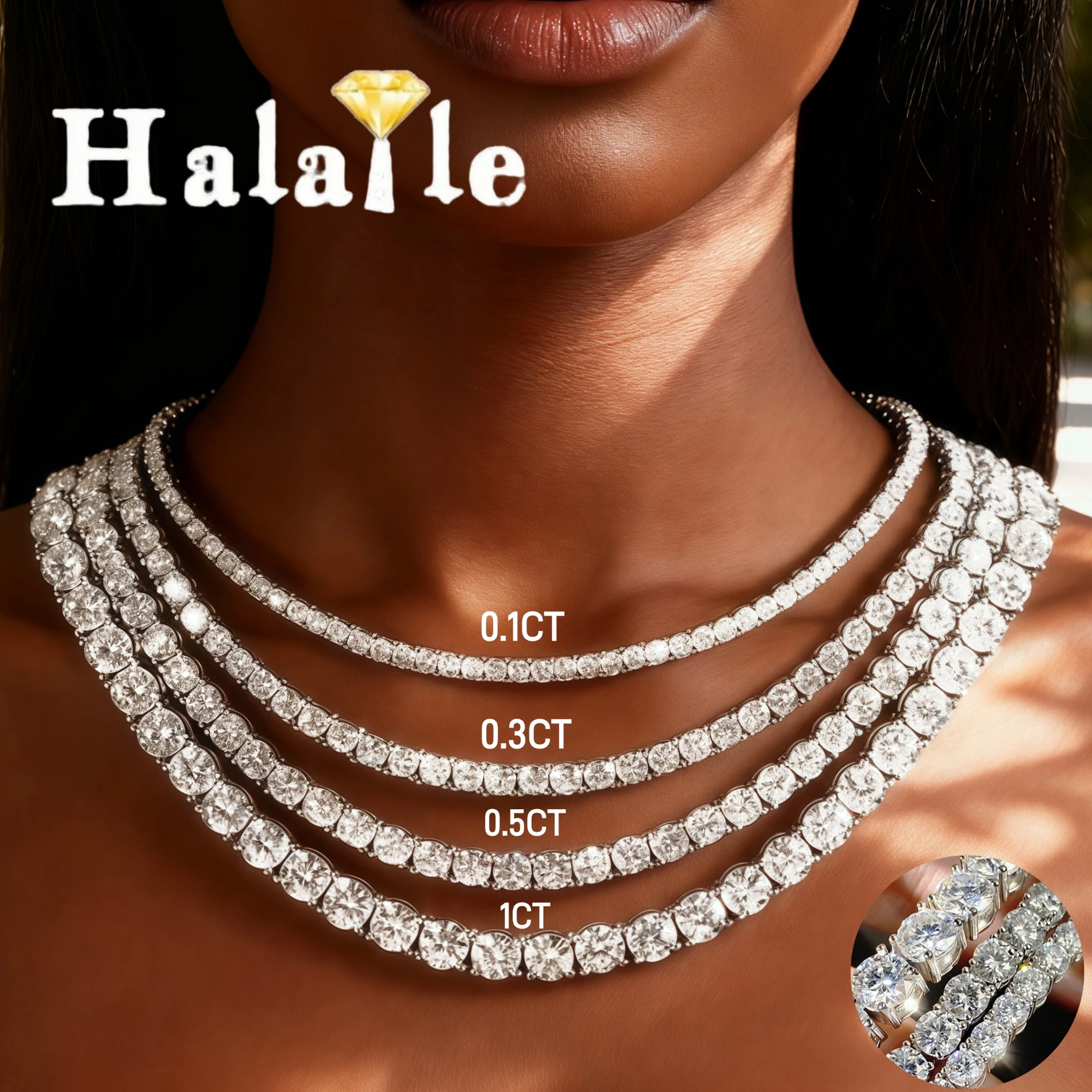 

Halaile 0.1-1ct VVS1 Tennis Moissanite Necklace 100% S925 Sterling Silver For Men Women Sparkling Fine Jewelry Light Luxury