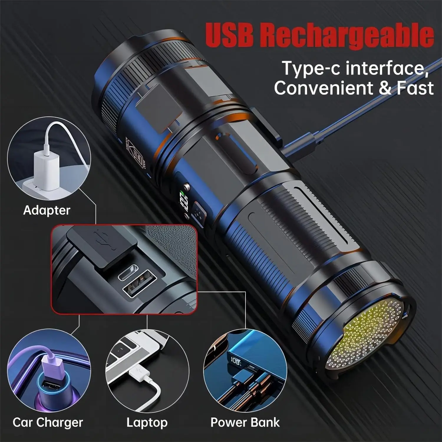 Torcia tattica ricaricabile, 120000 lumen super luminosa con luce da lavoro COB, ad alta potenza per le emergenze di escursioni in campeggio