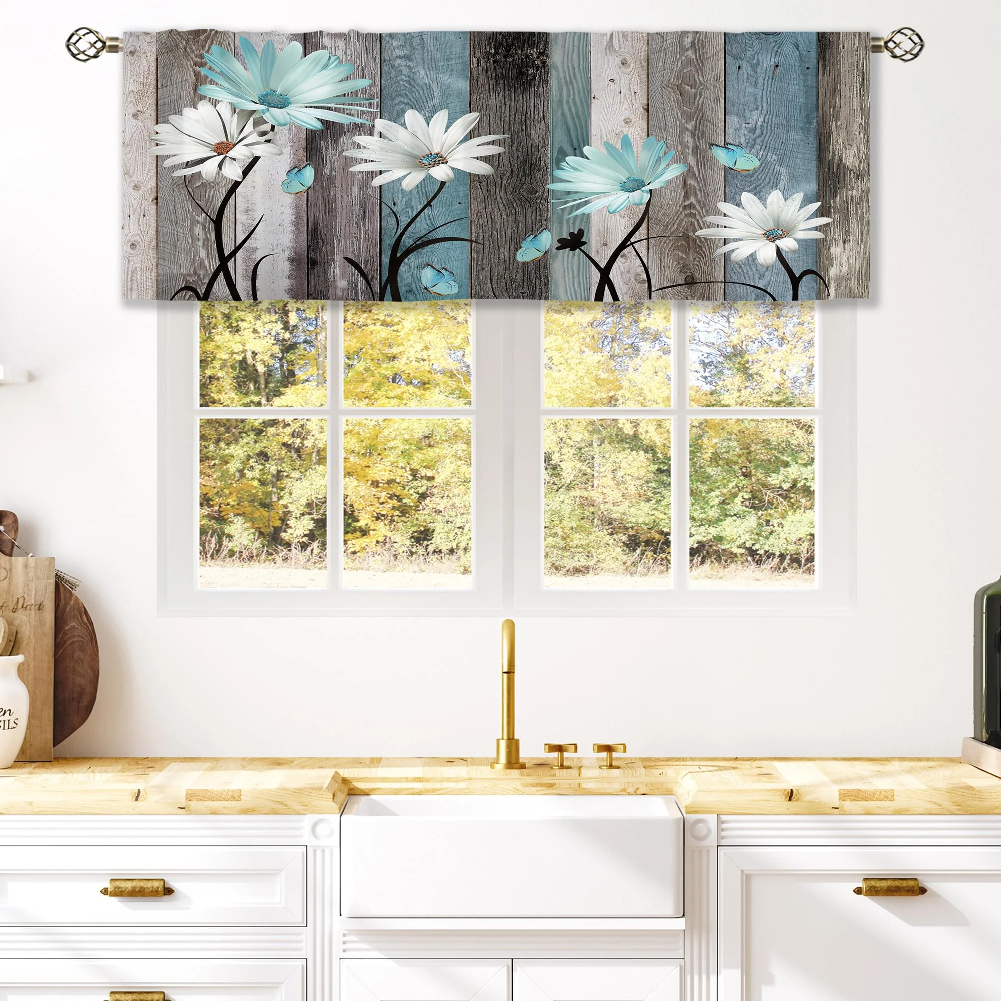 Teal Farmhouse Daisy Floral Butterfly Window Valance Rod Pocket Rustic Country Curtain Valance For Kitchen Bathroom Bedroom