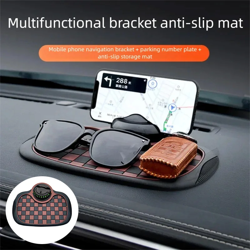 Car Dashboard Anti Slip Mat 360-Degree Rotation Dashboard Phone Holder with Hide Parking Number Plate Interior Accessories