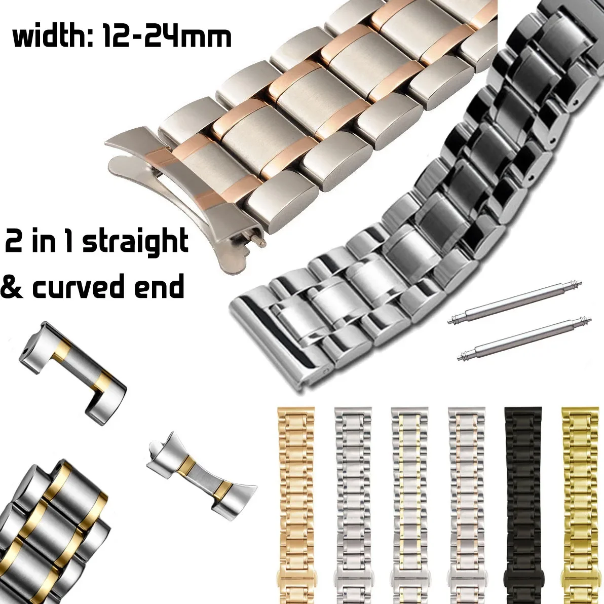 Flat Curved End Solid Metal Watch Band Strap 12 14 15 16 17 18 19 20 21 22mm 23 24mm Stainless Steel Watchband Wrist Bracelet