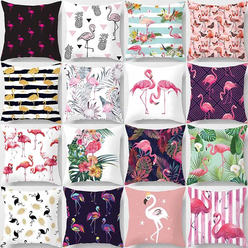 

Hot sale tropical plants flamingos pillow cases short plush high quality square thick pillow case covers size 45cm by 45cm