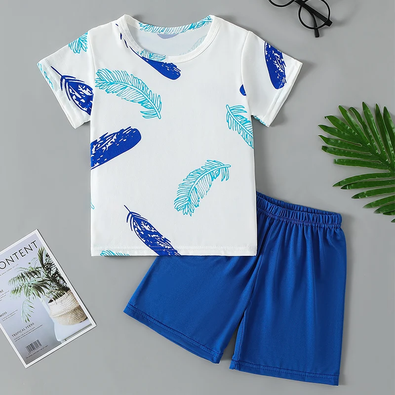 Conjunto de 2 peças com estampa de dinossauro para crianças, camiseta fofa de manga curta para meninos e meninas, cintura elástica, shorts confortáveis