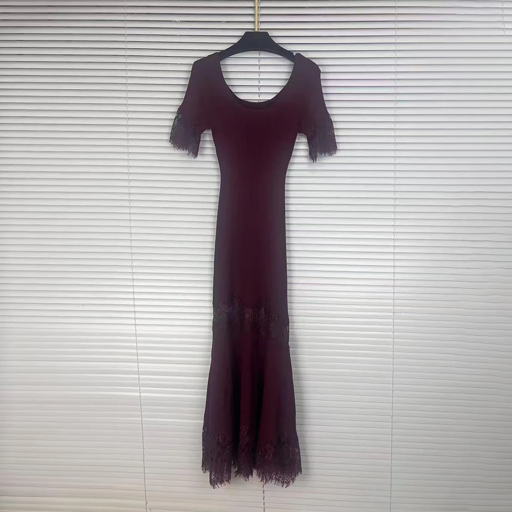 VGH Romantic Dates Brown Ribbed Knit Mermaid Dresses for Women U Neck Short Sleeve Lace Trimmed Midi Skirt for Office Commute image 3