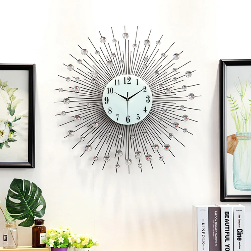 Wall Clock Modern Crystal Diamond Wall Clock 3D Luxury Flower Wall Clock Non Ticking Silent Metal Clock Home Wall Art Decoration