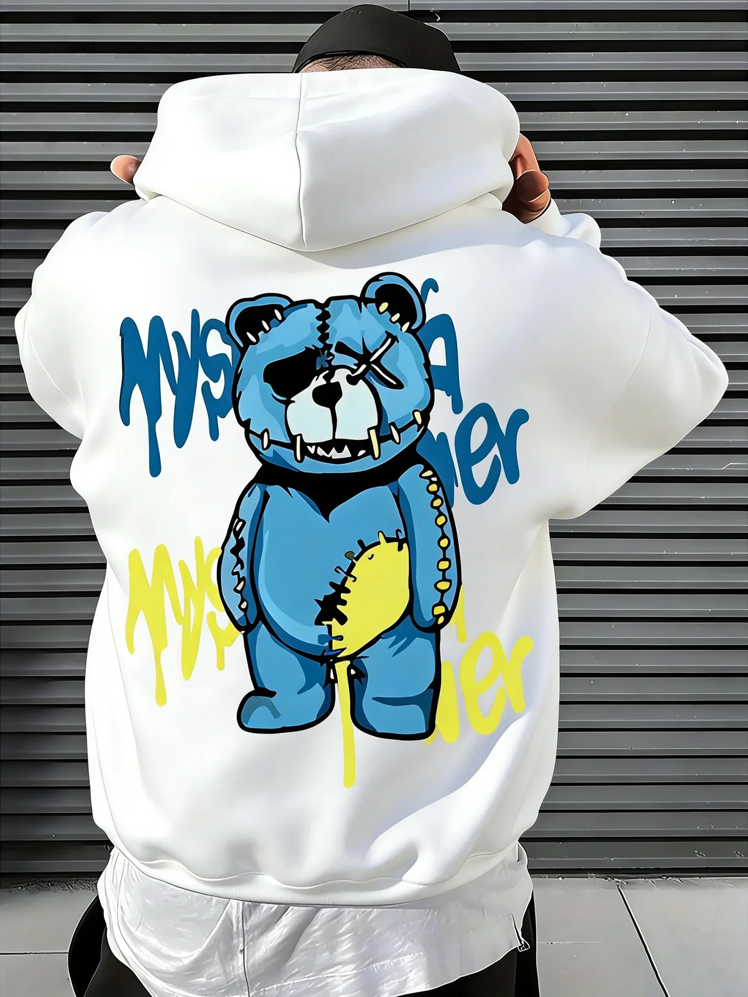 Street style men's winter and autumn quilted long-sleeved hooded hoodie with spliced evil teddy bear pattern and hood
