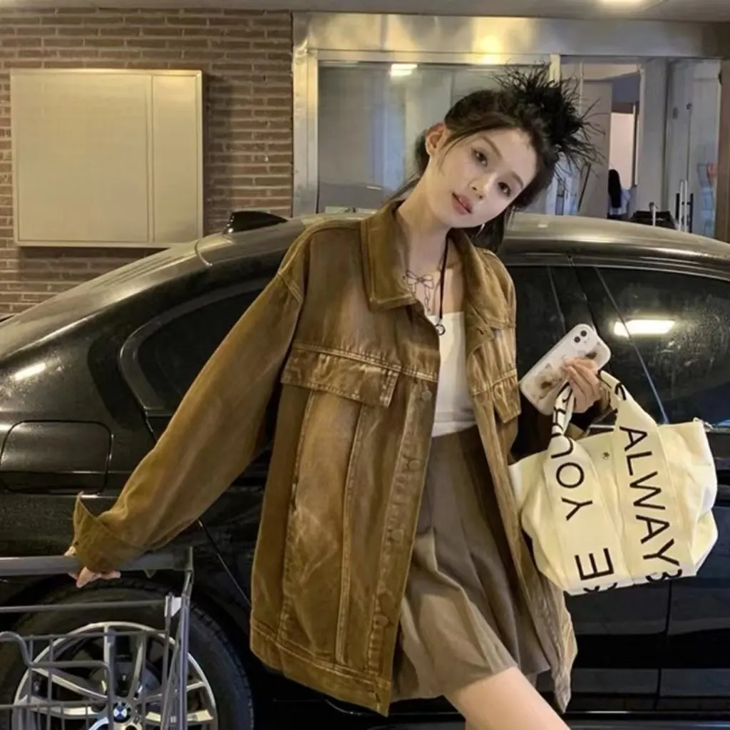 Abrigo vaquero marrón para mujer estilo Vintage americano Vibe primavera Otoño Invierno ropa de trabajo combinable chaqueta Cool Sa Top de moda