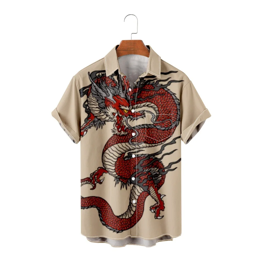 

Cartoon Dragon Printed Summer Men's Blouse Short Sleeve Shirt Beach Shorts Holiday Party Wear Casual Clothing Streetwear