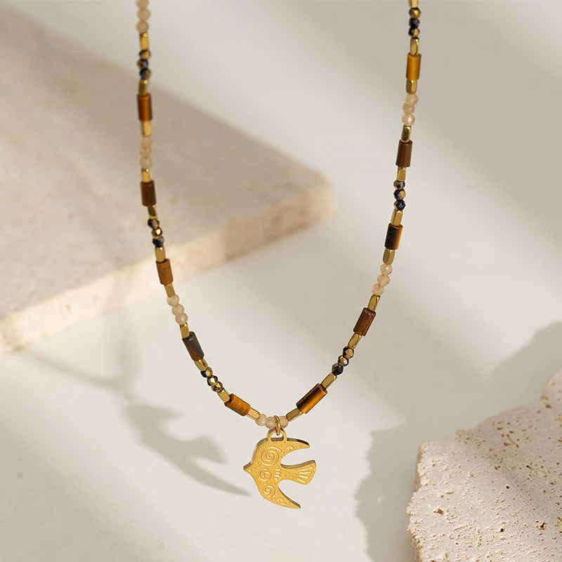 

PRISCA | Women Stone Necklace Stainless Steel. Swallow Pendant. Charms Vintage Jewelry. New Design