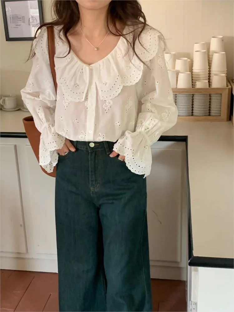 Autumn Shirt Top Women Korea Style Hollow Out Ruffle Ladies Blouses Flare Long Sleeve Fashion Casual Loose Woman Shirt Top 2023