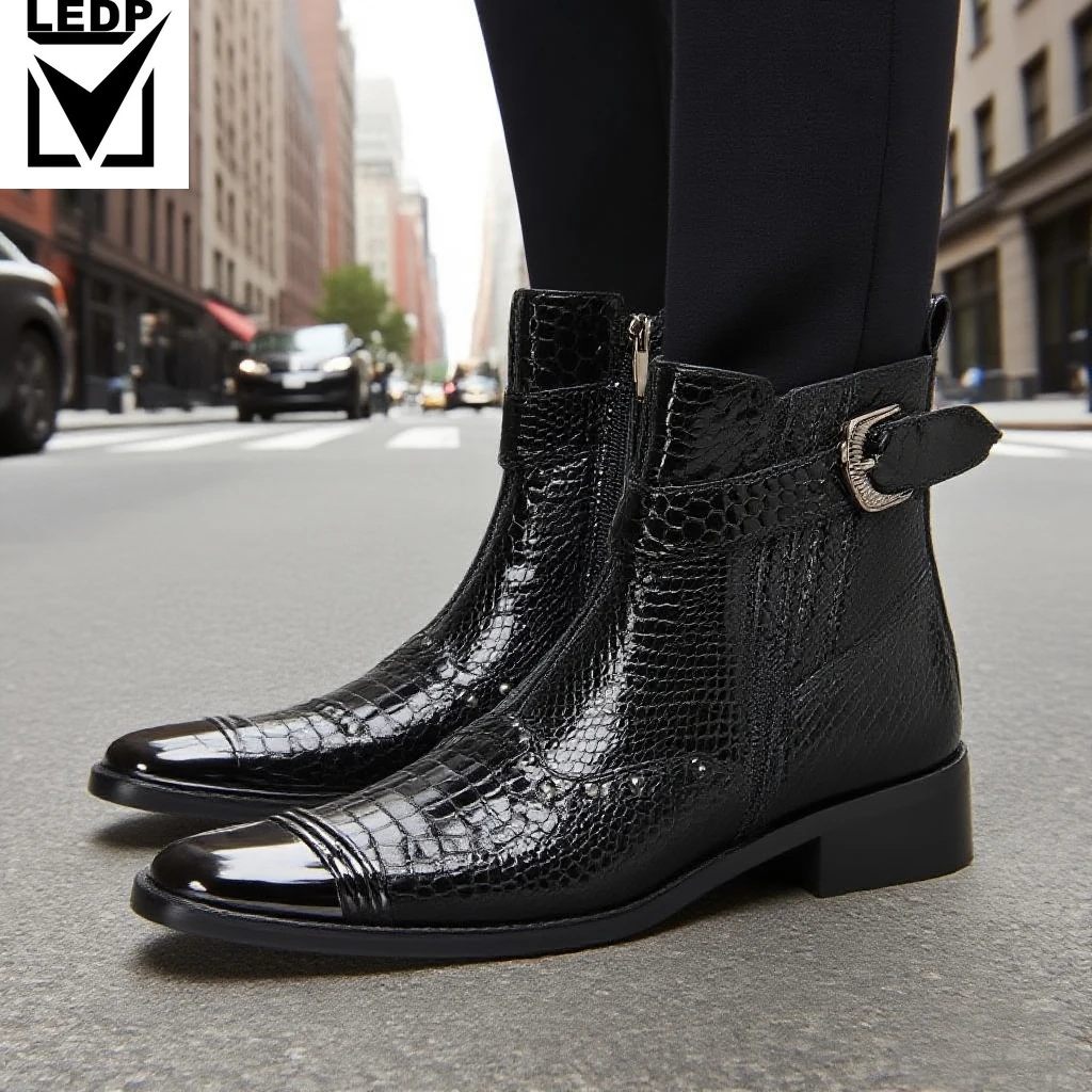 

Snake Patterned Shiny Men's Short Boots with Metal Rivet Buckle Trendy and Personalized Street Style Short Boots