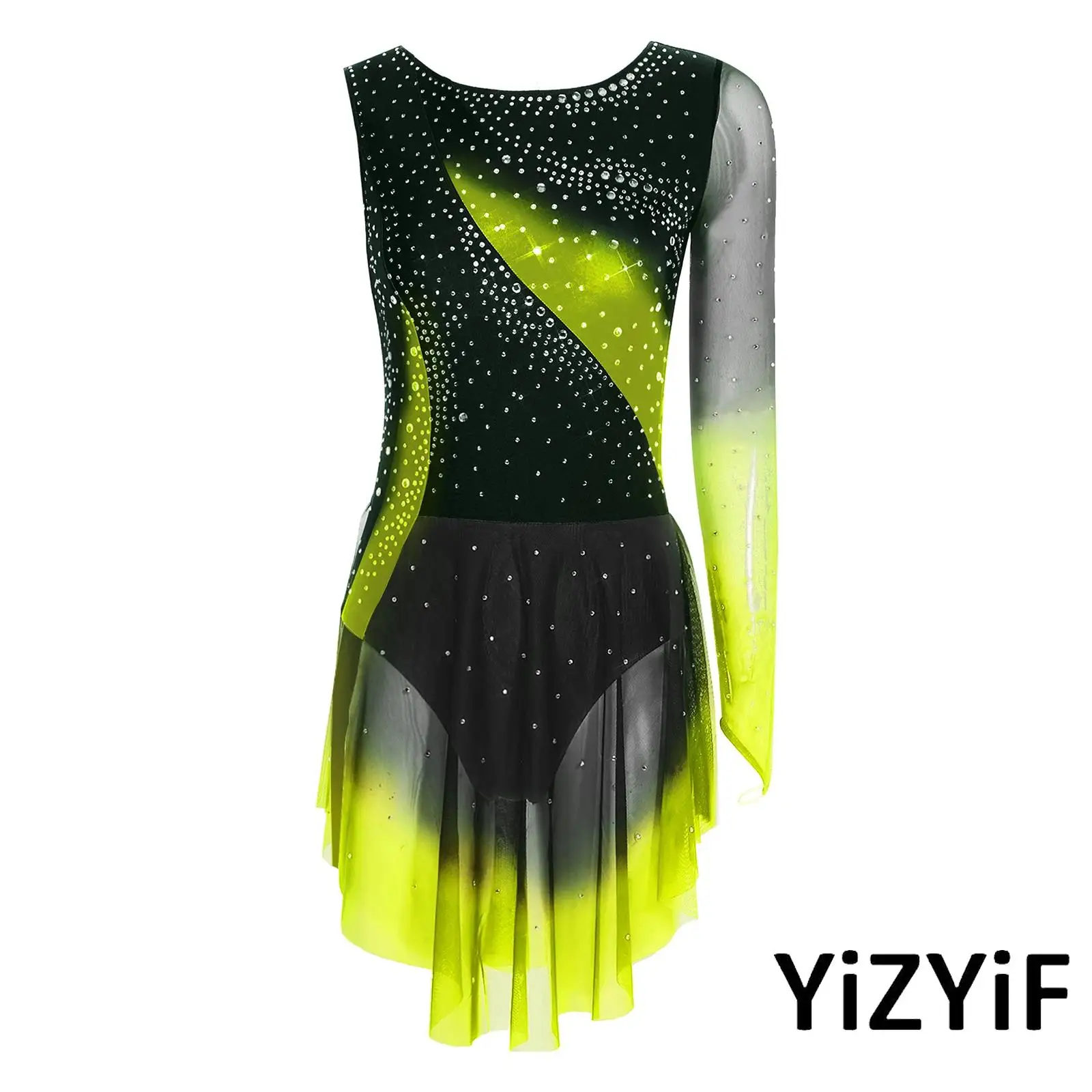 

Womens Figure Skating Dance Performance Outfit One-shoulder Sleeve Irregular Mesh Hem Ballet Dance Bodysuit Gymnastics Leotard