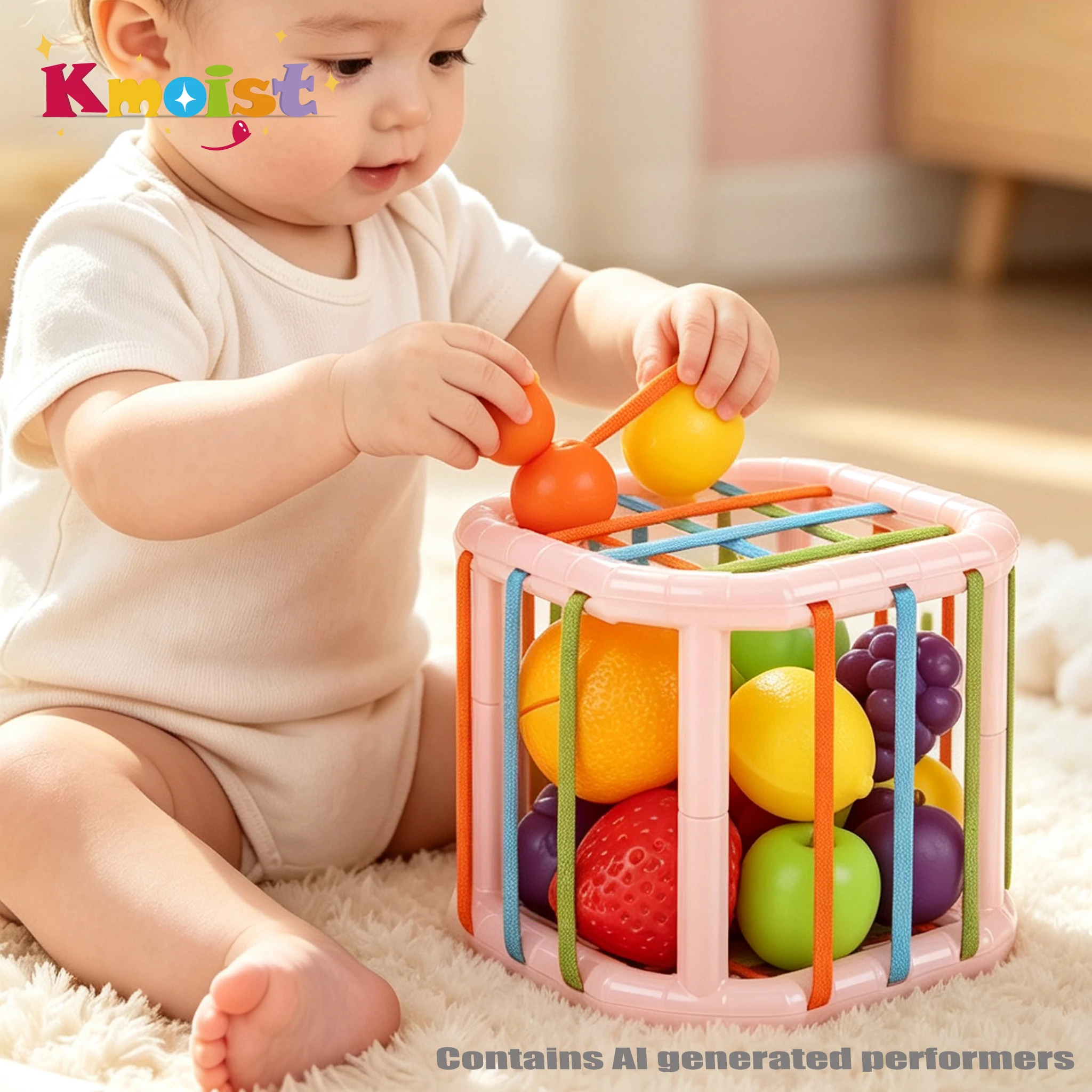 Baby Shape Sorter Cube Rainbow Colorful Blocks Fruit Cut Sorting Game Infant Cognitive Grip Training Learning Educational Toy