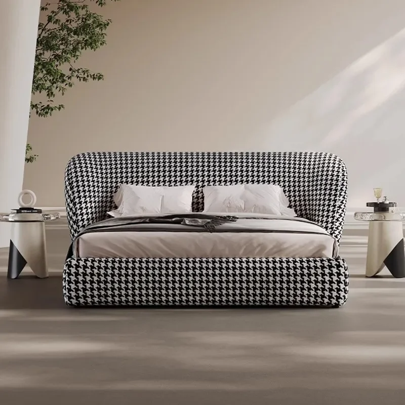 Italian Style Cream Wind Light Luxury Fabric Bed Master Bedroom Floor Bed Tatami Cloth Bed with Thousand Bird Grid Pattern