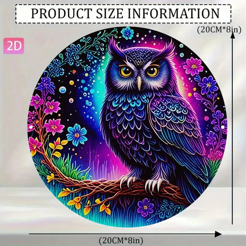2D Flat, 1pc Vintage Neon Glow-in-the-Dark Owl & Psychedelic 60s-70s Round Metal Wall Art Sign - Frameless Aluminum Retro Night