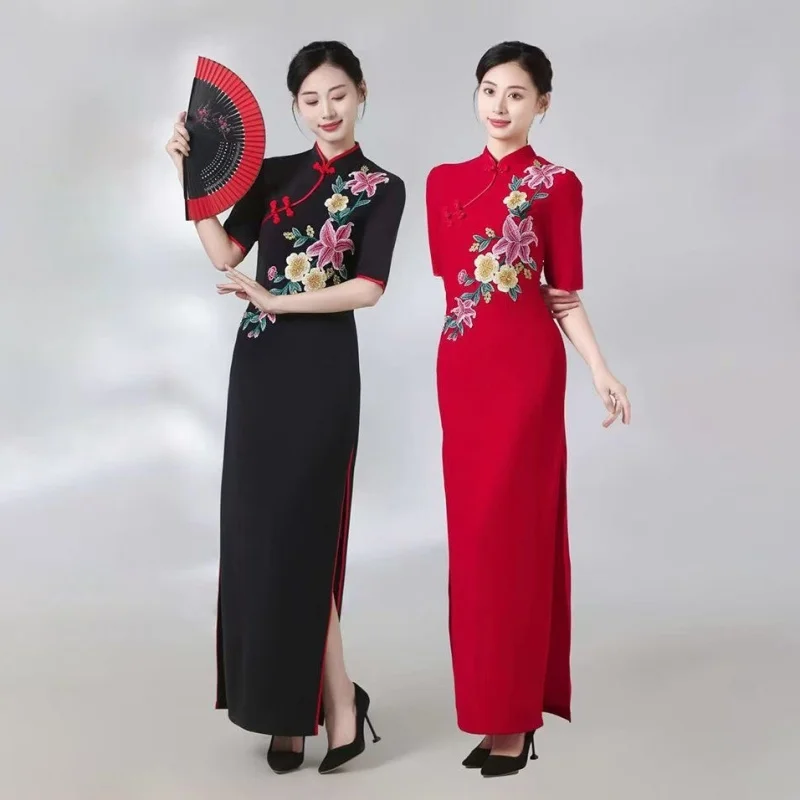 

Летнее женское традиционное вьетнамское платье Аодай, элегантное длинное платье Cheongsam с цветочной вышивкой для вечеринок