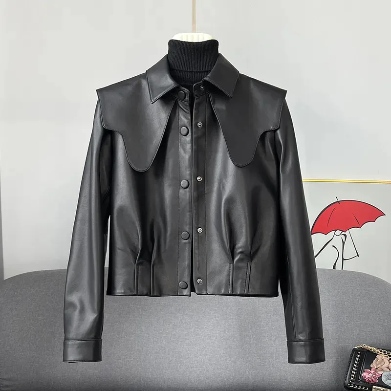 Spring Autumn Leather Jacket Women 2024 New Short Leather Jacket Outwear Female Fashion Navy Collar Single-Breasted Leather Coat