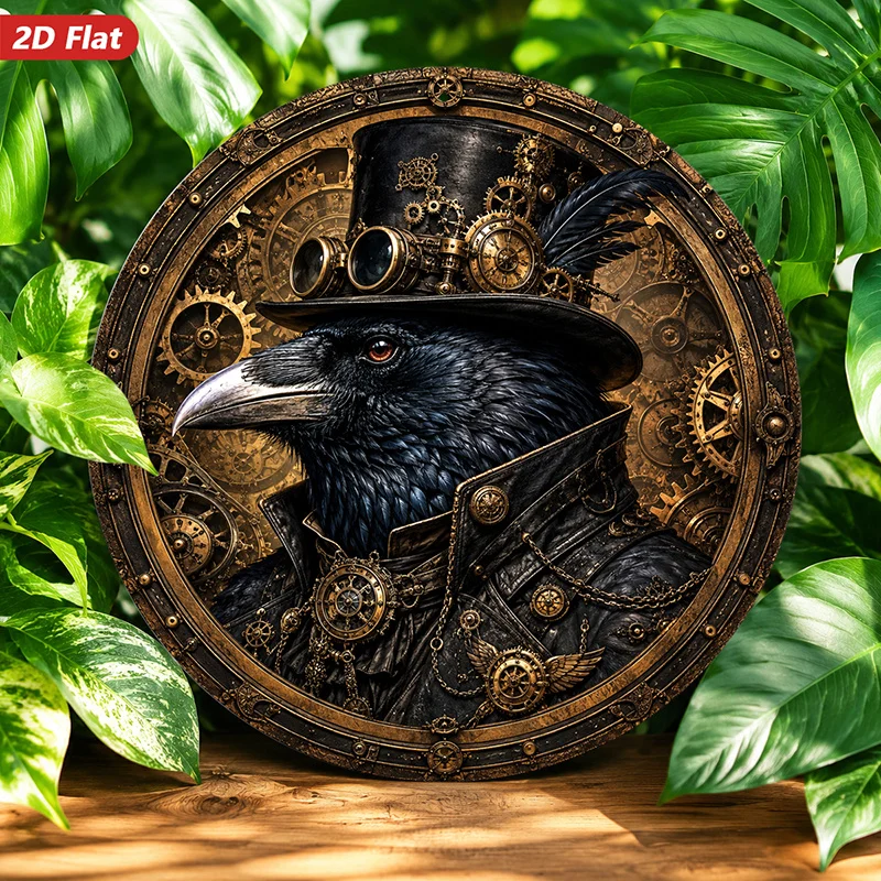 CIFBUY 2D Steampunk Round Aluminum Wall Art Crow Gear Waterproof Durable Metal Sign Decor for Living Room Bedroom Office