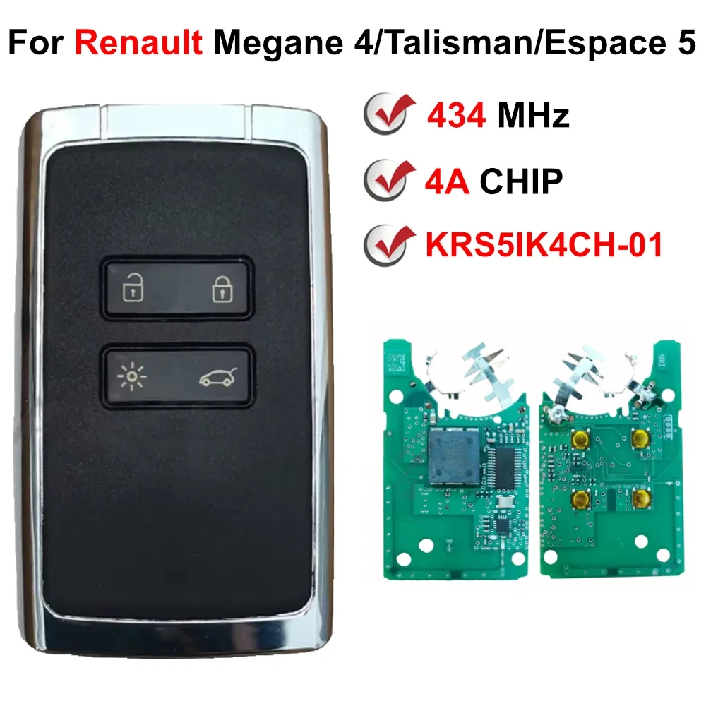 KR5IK4CH-01 434MHz PCF7953M 4A Chip Keyless Smart Key For Renault Megane 4 Talisman Espace 5 Kadjar 2016 2017 2018 2019