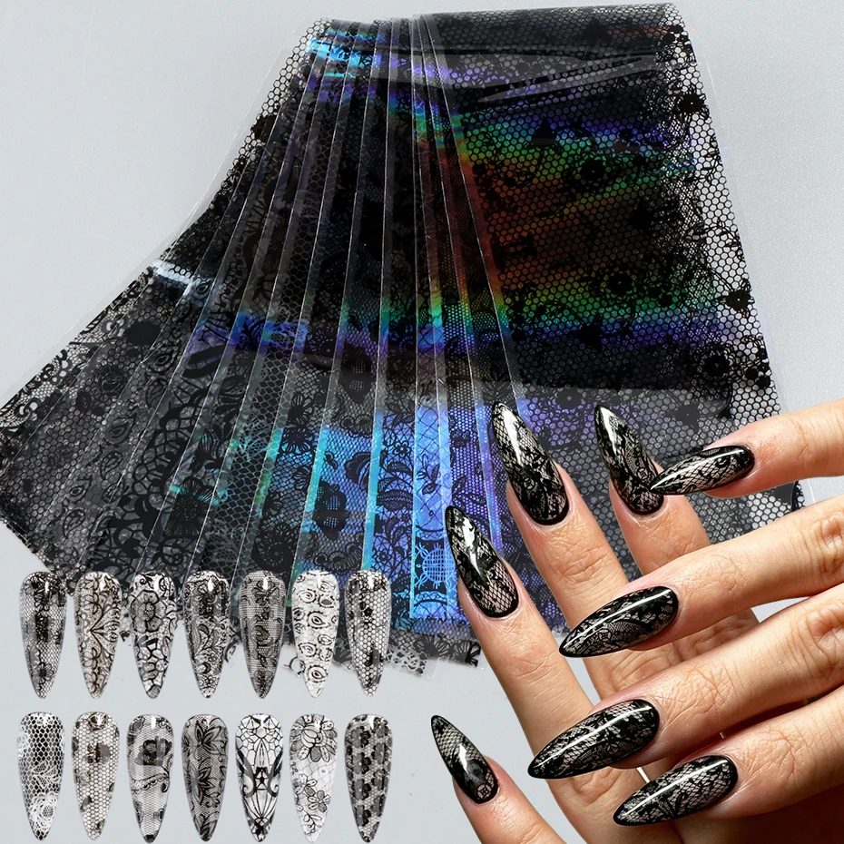 14 Stück sortierte schwarze Spitzen-Nageltransferfolien-Aufkleber, Vintage-Hohlblumen-Nagelaufkleber, elegante, romantische Hochzeits-Nageldekoration