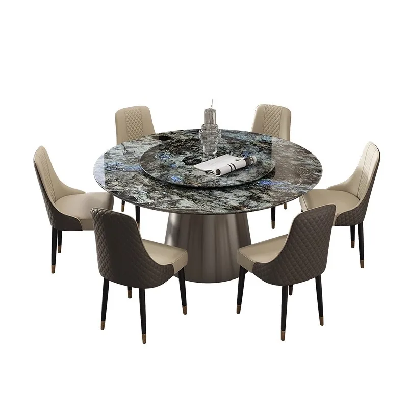 

Light luxury natural stone round table Modern high-end villa home dining table with turntable