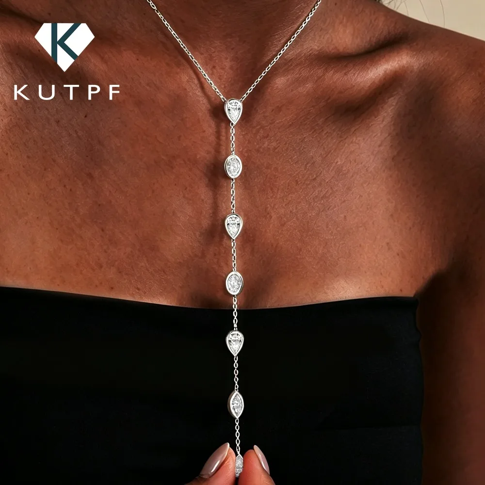 Multi Shape Moissanite Lariat Necklace for Women S925 Silver Bezel Set Pear/Oval Marquise Diamond Long Tassel Drop Necklace