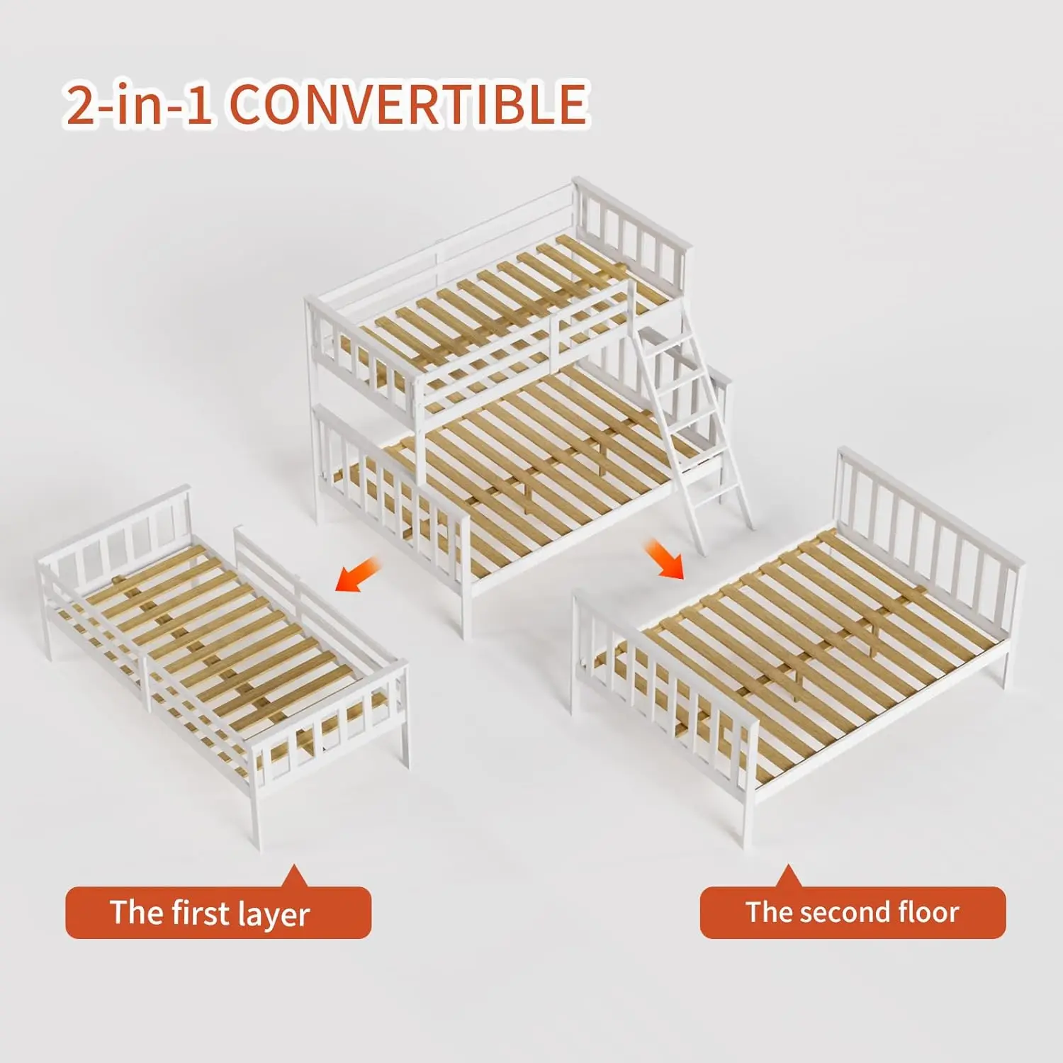 Twin Over Full Bunk Bed, Solid Wood Frame with Ladder & Guard Rail, Space-Saving for Kids Teens (Mattress Not Included)