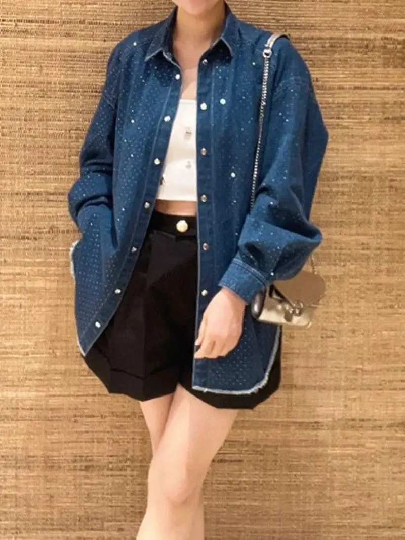 

Women Diamond Denim Set Turn-down Collar Long Sleeve Silhouette Trimmings Blouse or Straight Jeans Casual Autumn 2024 Suit