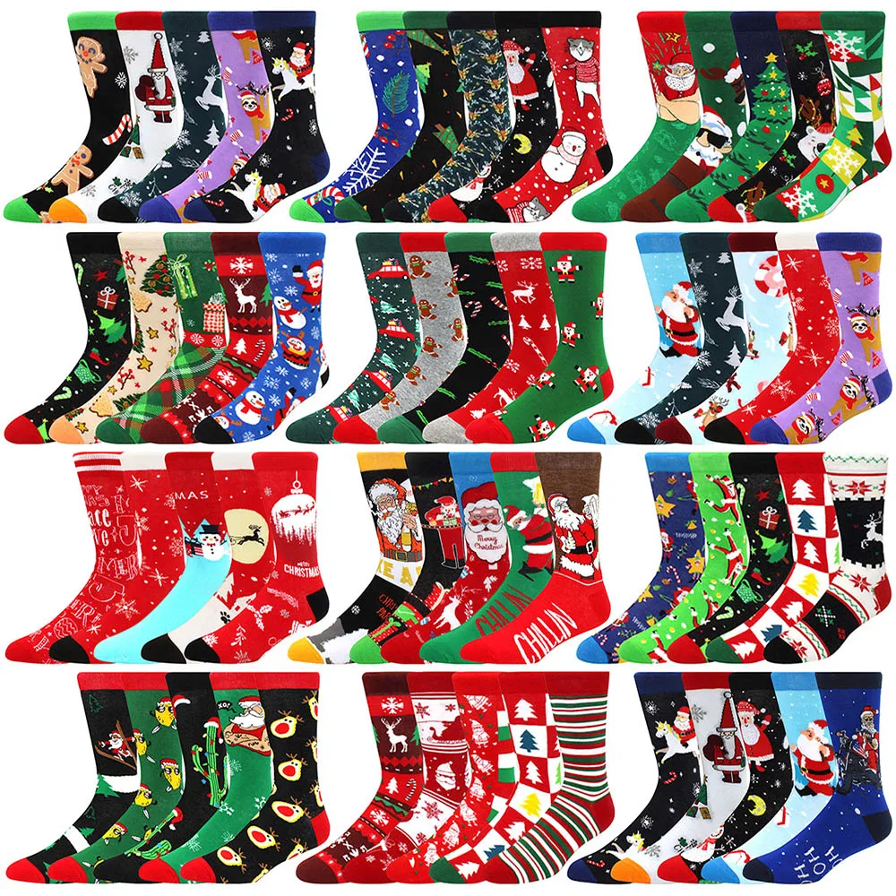 5 pairs Men Christmas Socks Funny Xmas Santa Claus Tree Snowflake Elk Snow Cotton Medium tube Happy Sock Men New Year Sokken