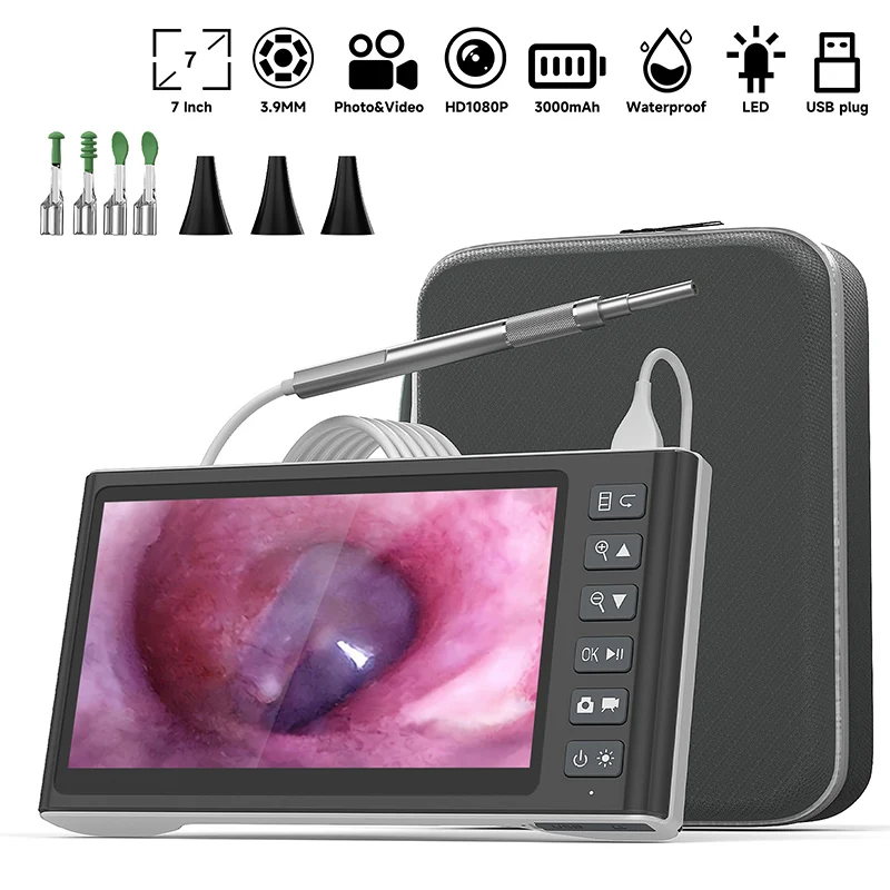 7 Inch IPS Screen Otoscope Camera HD1080P 3.9mm USB Ear Inspection Endoscope Waterproof Ear Cleaner Ear Spoon with Tool Case