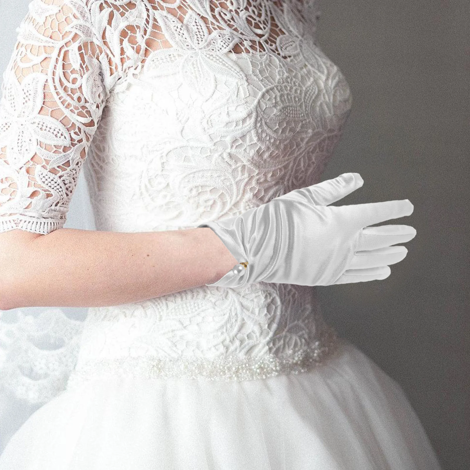 

1Pair White Lace Short Satin Gloves Bow Design Bridal Wrist Length Pearl Gloves Wedding Photography Evening Party Dress