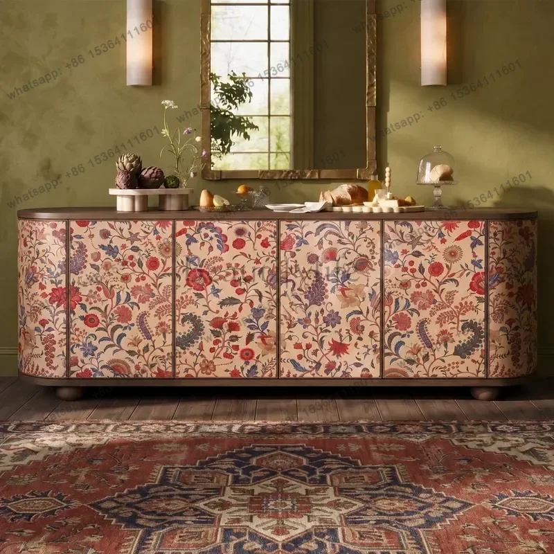 PG Rural Retro Flower Print Dining Side Cabinet Solid Wood Arched Locker Living Room Medieval TV Cabinet Decorative Storage