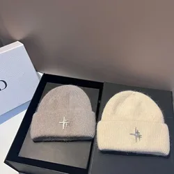 New Angora Rabbit hair Winter Fashion hat for Women Luxury Rhinestone logo Warm wool ear protection outdoor walking hat
