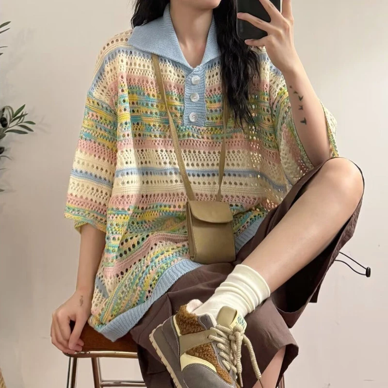 

Female Tee Baggy Striped Stripe Gradient Women's Polo Shirts Korean Clothing Fashion 2025 Original Synthetic Youth New T-shirts