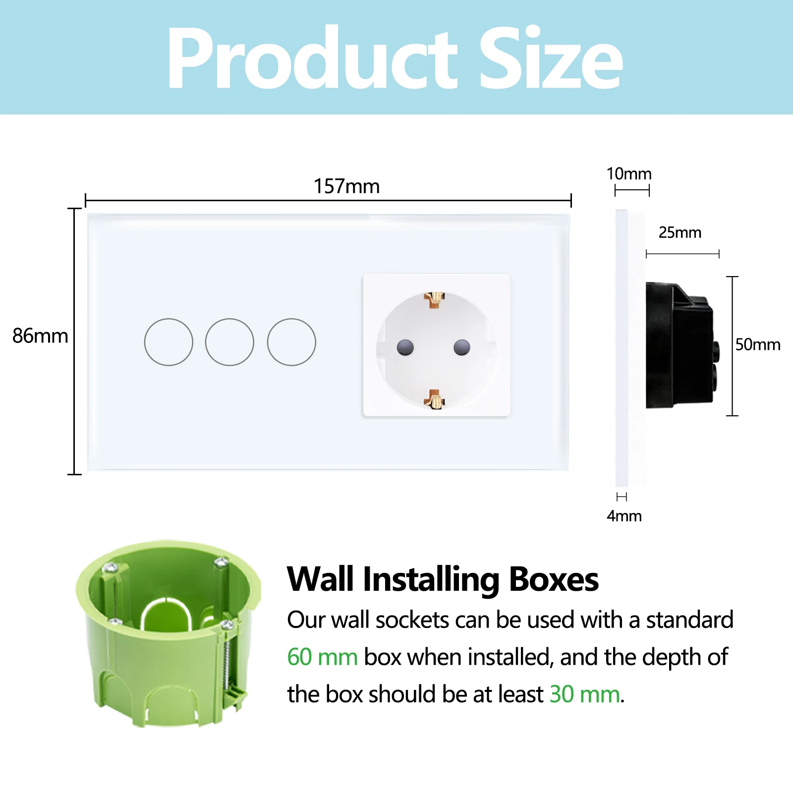 Normal Socket With WiFi Light Switch, Work With Alexa Google Home, Glass Touch Screen,3x1Way, 16A Socket, Neutral Line Required