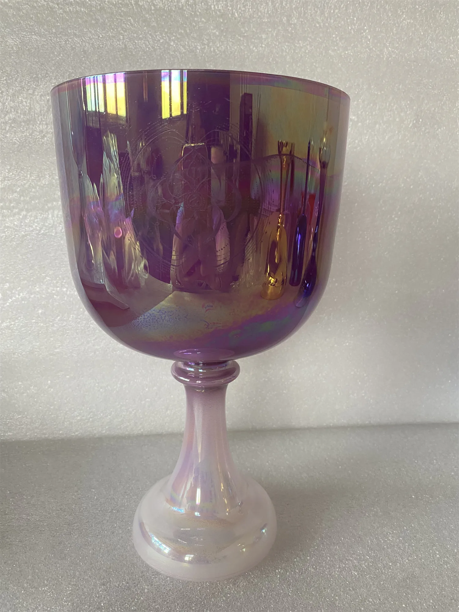 

3rd octave B note crown chakra Crystal singing chalice magic milky purple with white milky cosmic handle with engraving 432Hz.