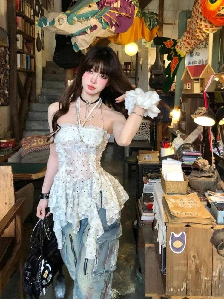 

Simple Sexy Off Shoulder Strapless Tops for Women White See Through Mesh T-shirts Summer Slim Waist Wave Point Tank Top