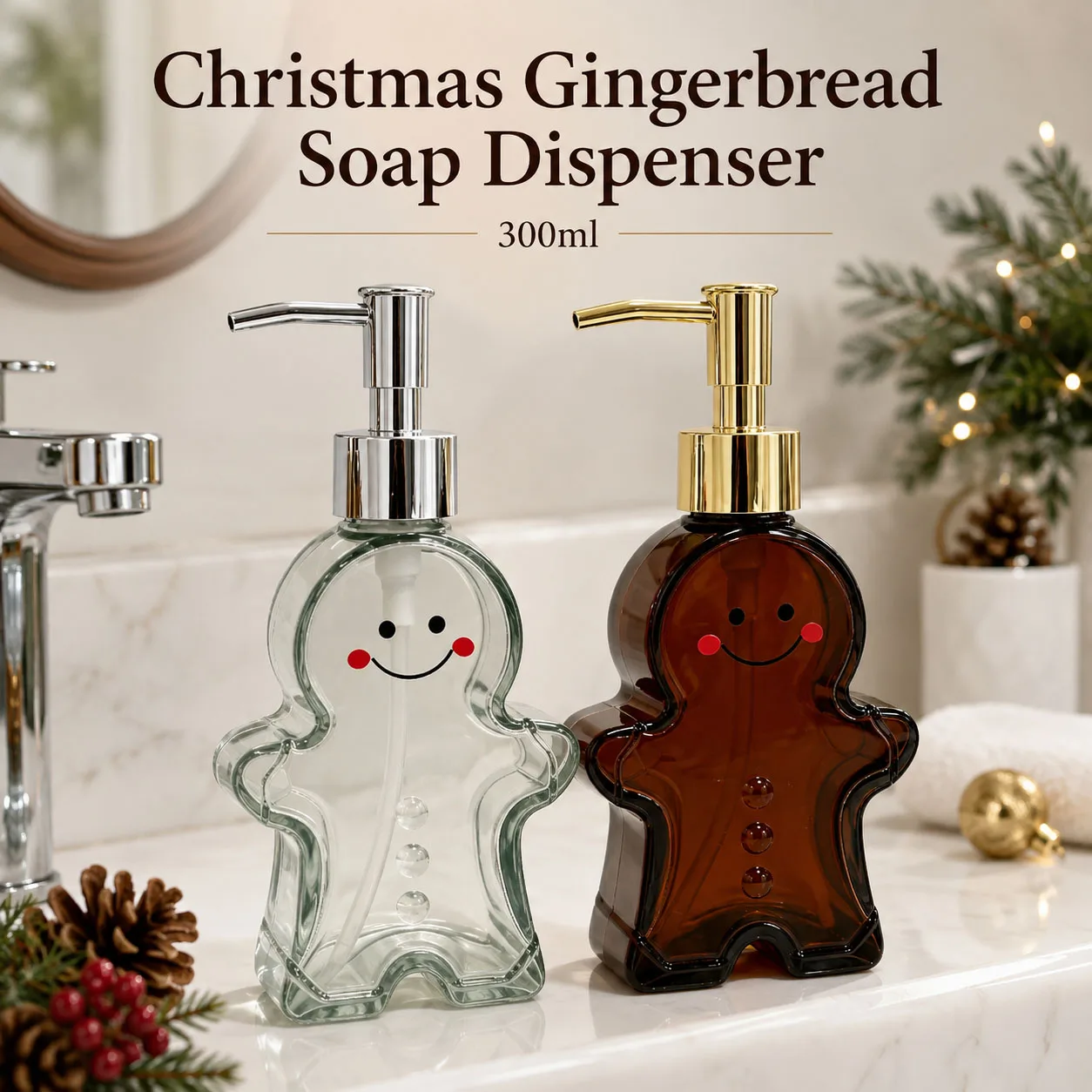 Christmas Gingerbread Man Soap Dispenser Refillable Pump Bottle for Hand Soap Lotion Shampoo Shower Gel Bathroom Holiday Decor