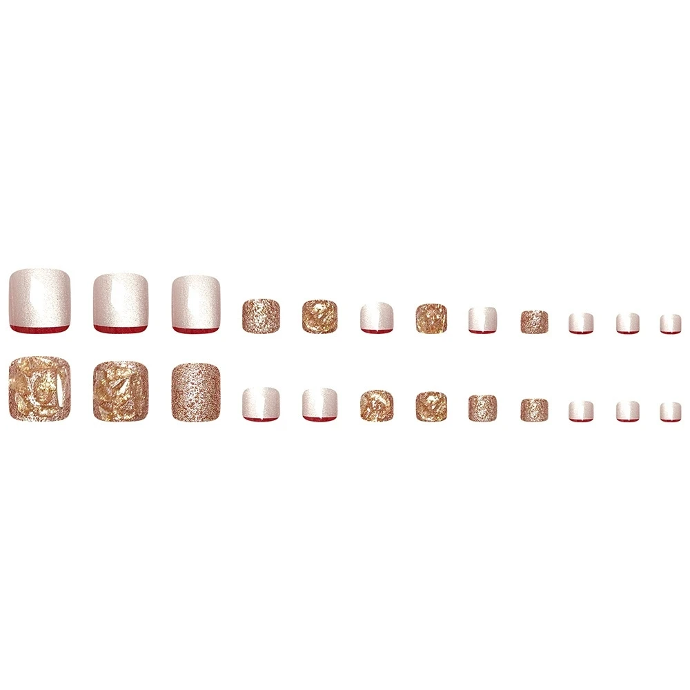 24pcs Flash Diamond Cat's Eye Toe Nails Wine Red French Fake Nails Fashion Champagne Glitter False Nail Decor Press On Foot Nail