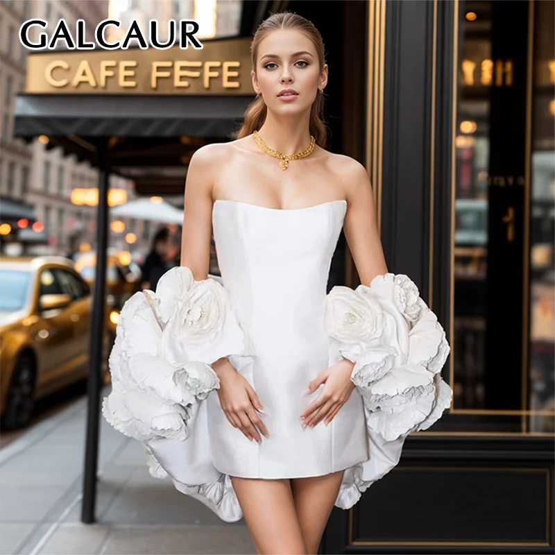 GALCAUR Solid Dress Two Piece Sets For Women Slash Neck Spliced Appliques Coats Strapless Off Shoulder Mini Dress Outfits Female