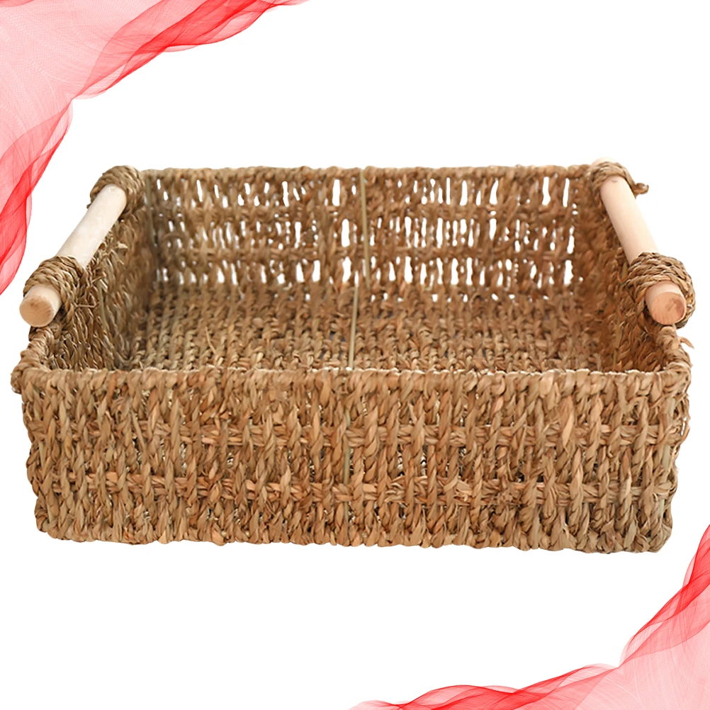 

Wooden Handle Straw Storage Desktop Organizer For Keys Cosmetics Sundries Tidy Home Decor 29X29X9Cm Large Size Storage Basket