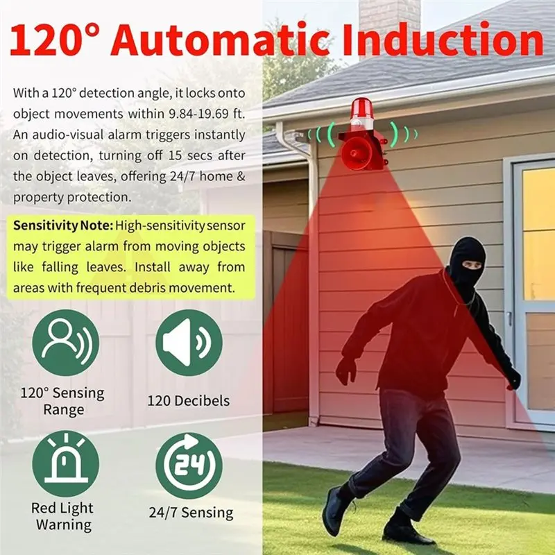 ABSY PIR Human& Animal Detection Motion Sensor Security Alert With 120Db Sound& Red Strobe Light, Outdoor Guard For Home, Yard,