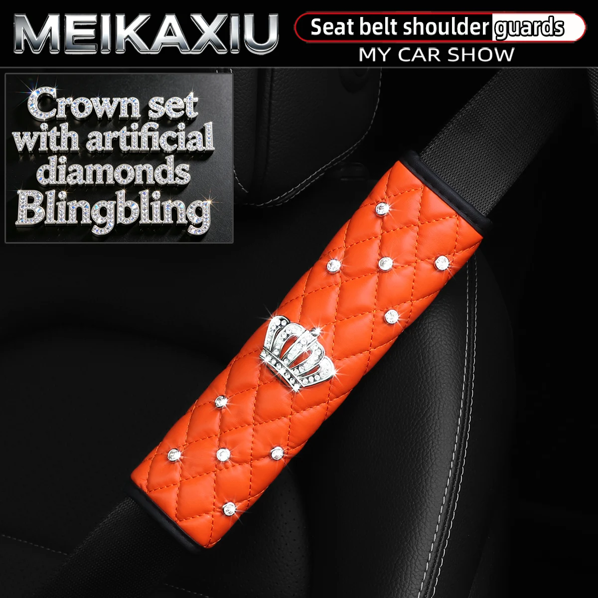 Soft Leather Diamond-Encrusted Crown Car Shoulder Guard 1PC/2PCS Safety Belt Decoration Shiny Accessory for Women's Cars
