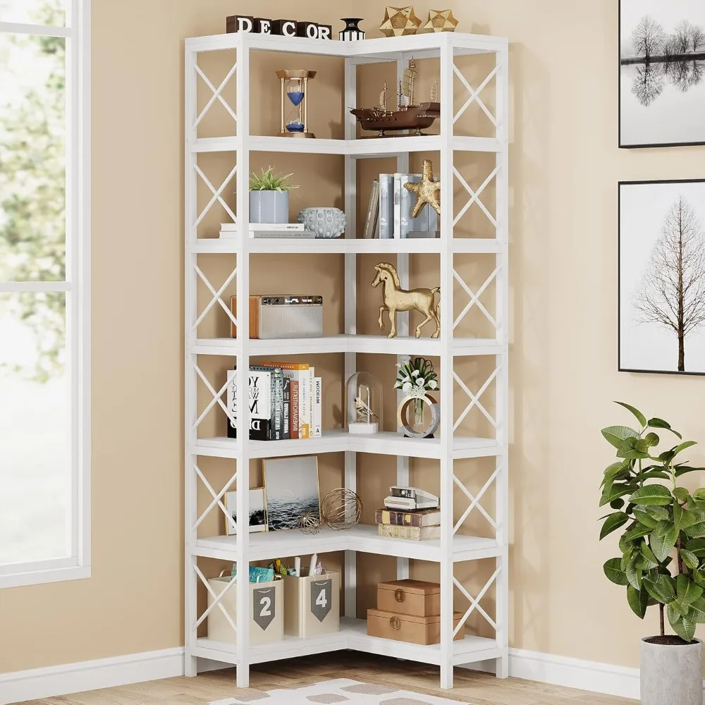 7-Shelf Corner Bookshelf,Large Modern Corner Bookcase, 7-Tier Tall Corner Shelf Storage Display Rack with Metal Frame for Livin