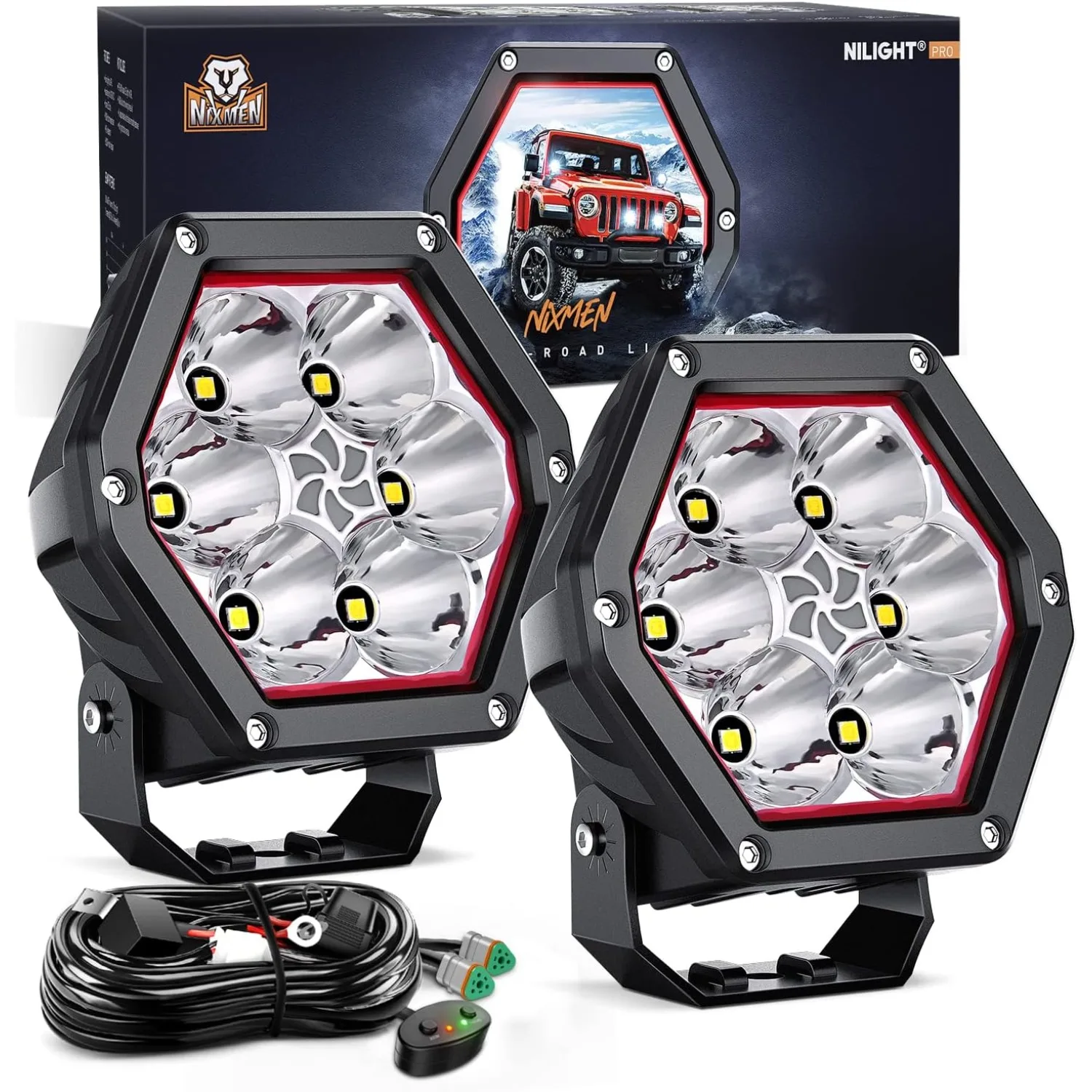 Nilight 4 Inch Hexagon LED Pod Lights with DRL 30W 2600LM 10° Super Spot Auxiliary Offroad Driving Work Light with 16AWG Wiring Harness Kit for Truck UTV ATV SUV 4x4