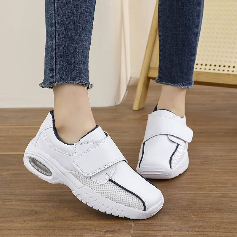 Professional Pure White Nursing Shoes Women Ladies Hook and Loop Closure Non-Slip Air Cushion Comfort Hospital Work Sneakers