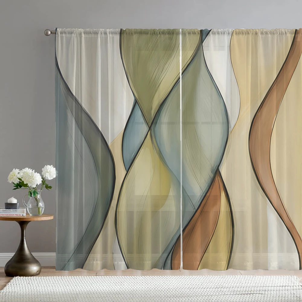 2PCS Home decoration yellow green oil painting geometric printed window screens with pole bags, suitable for living room