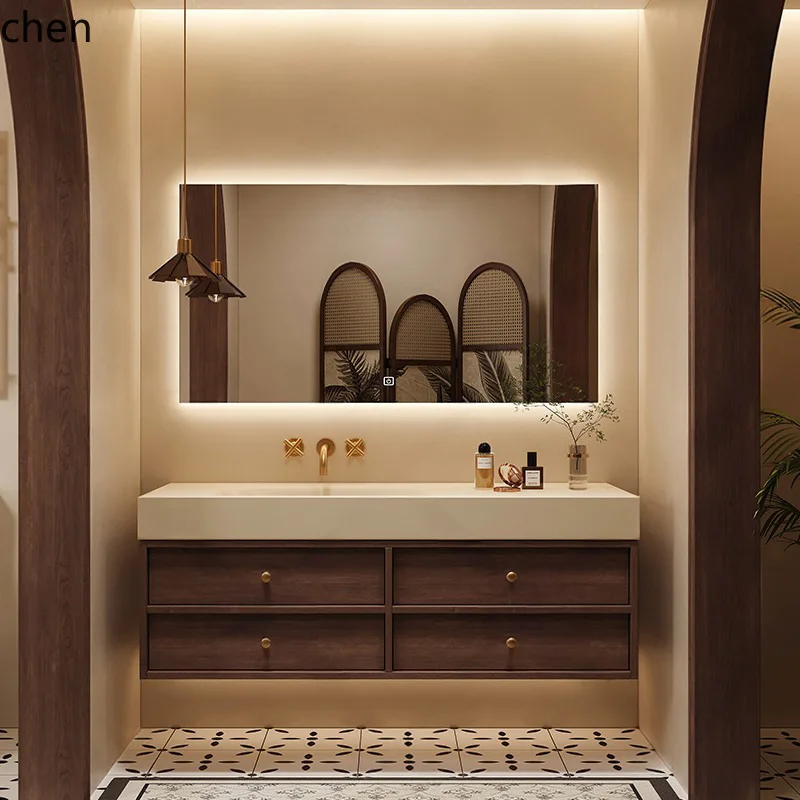 HXL Rock Slab Heat-Bent Seamless Integrated Basin Bathroom Cabinet Set Washroom Sink